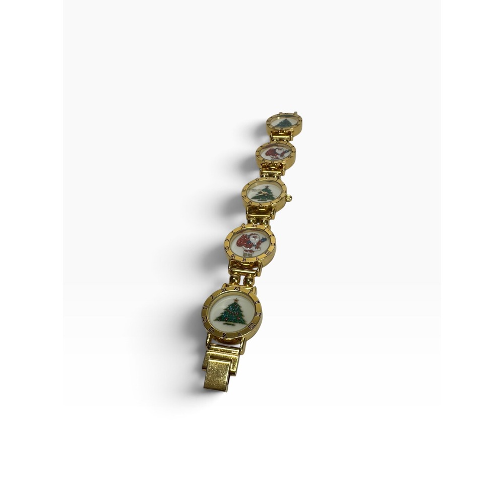 Vintage Lafayette Santa And Christmas Tree Watch Bracelet Gold Tone New Battery - Picture 4 of 7
